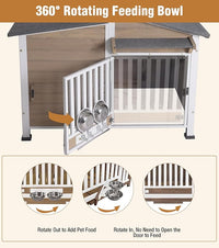 GUTINNEEN Dog House Outdoor with Anti-Chewing Metal Frame, Wooden Dog Kennel with 360° Rotating Feeding Bowl, Weatherproof Roof, for Indoor & Outdoor Use - Brown