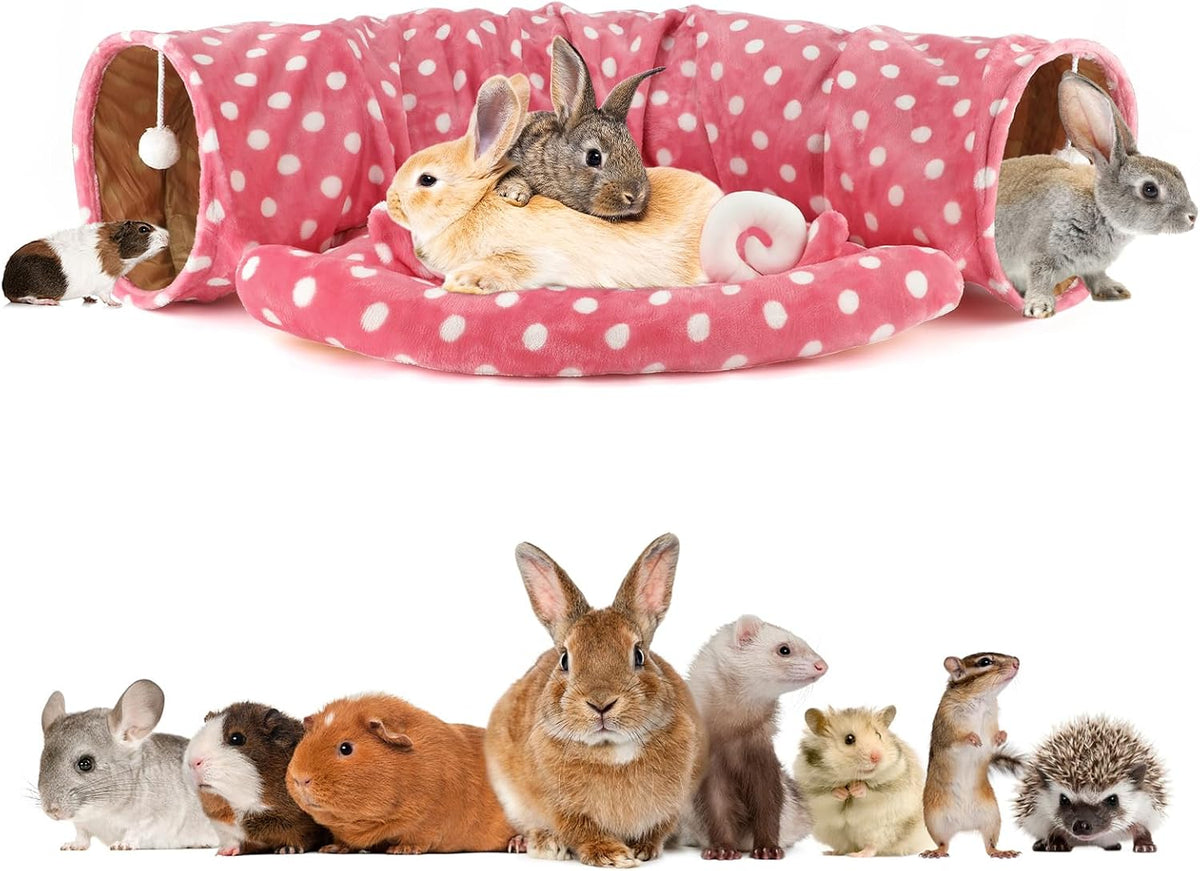 Bunny Tunnel Bed, 2-in-1 Collapsible Rabbit Tunnel Hideout with Mat – Essentials for Small Pets - Pink