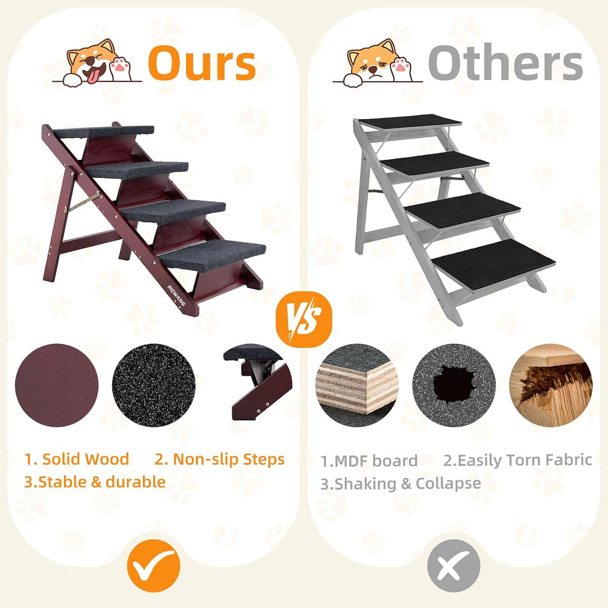MEWANG Wooden Pet Stairs - 2 Step Foldable Ramp for Senior Dogs & Cats – Essentials for Dogs - 4 Steps – For Standard & High Beds (23–31 in) / 4 / 31.5" L x 17.2" W x 25.0" H - image 3