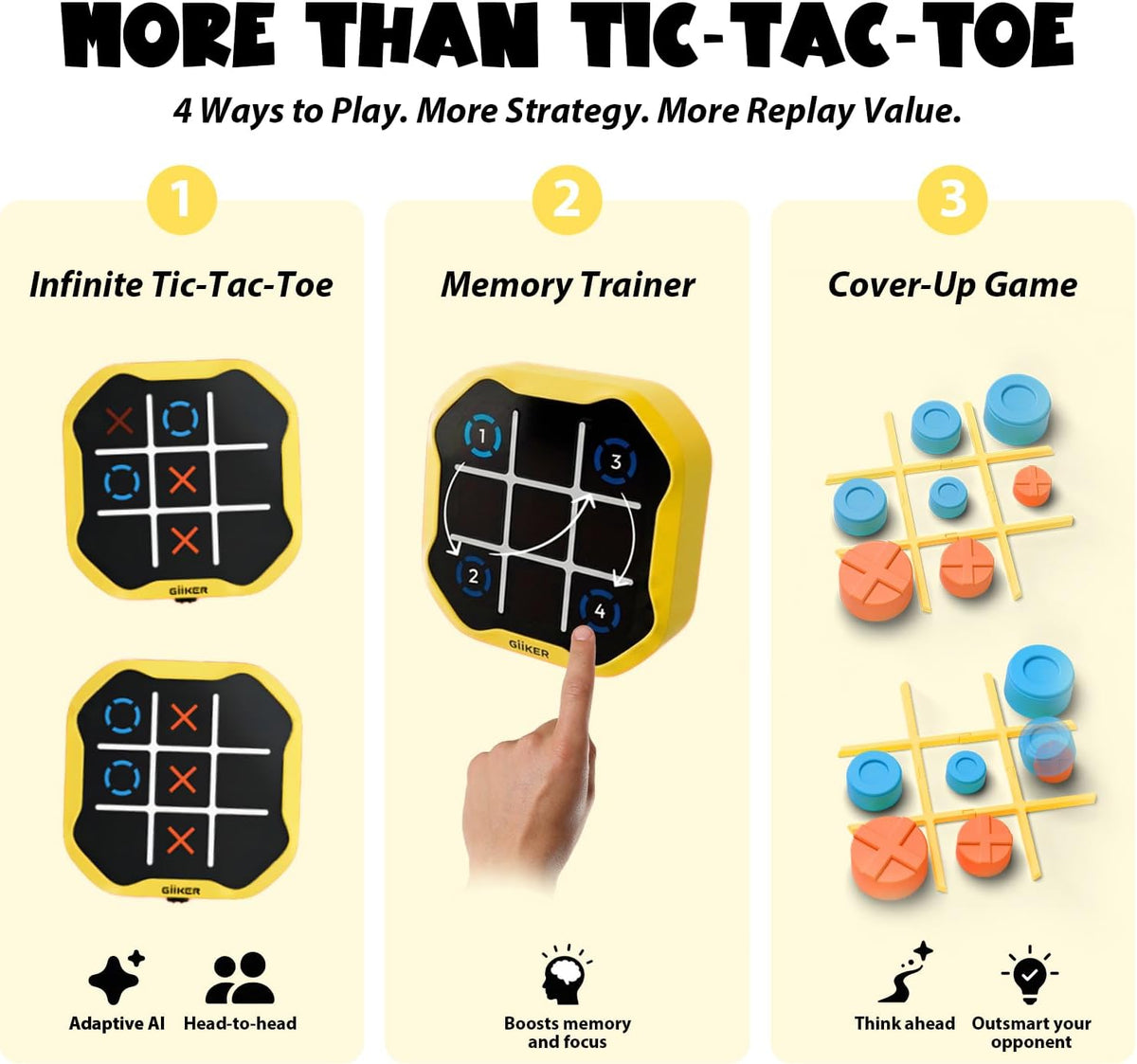 GiiKER Tic Tac Toe Bolt, 4-in-1 Electronic Game for Kids Ages 6+ – Fun for Kids & Family - Yellow - image 2