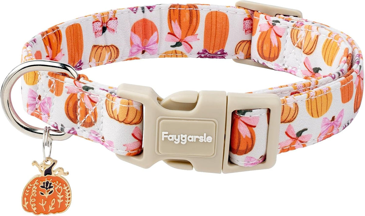 Cute Pink Fall Dog Collar Pumpkin and Leaves Pattern for Autumn M – Essentials for Dogs - Pink Pumpkin / L