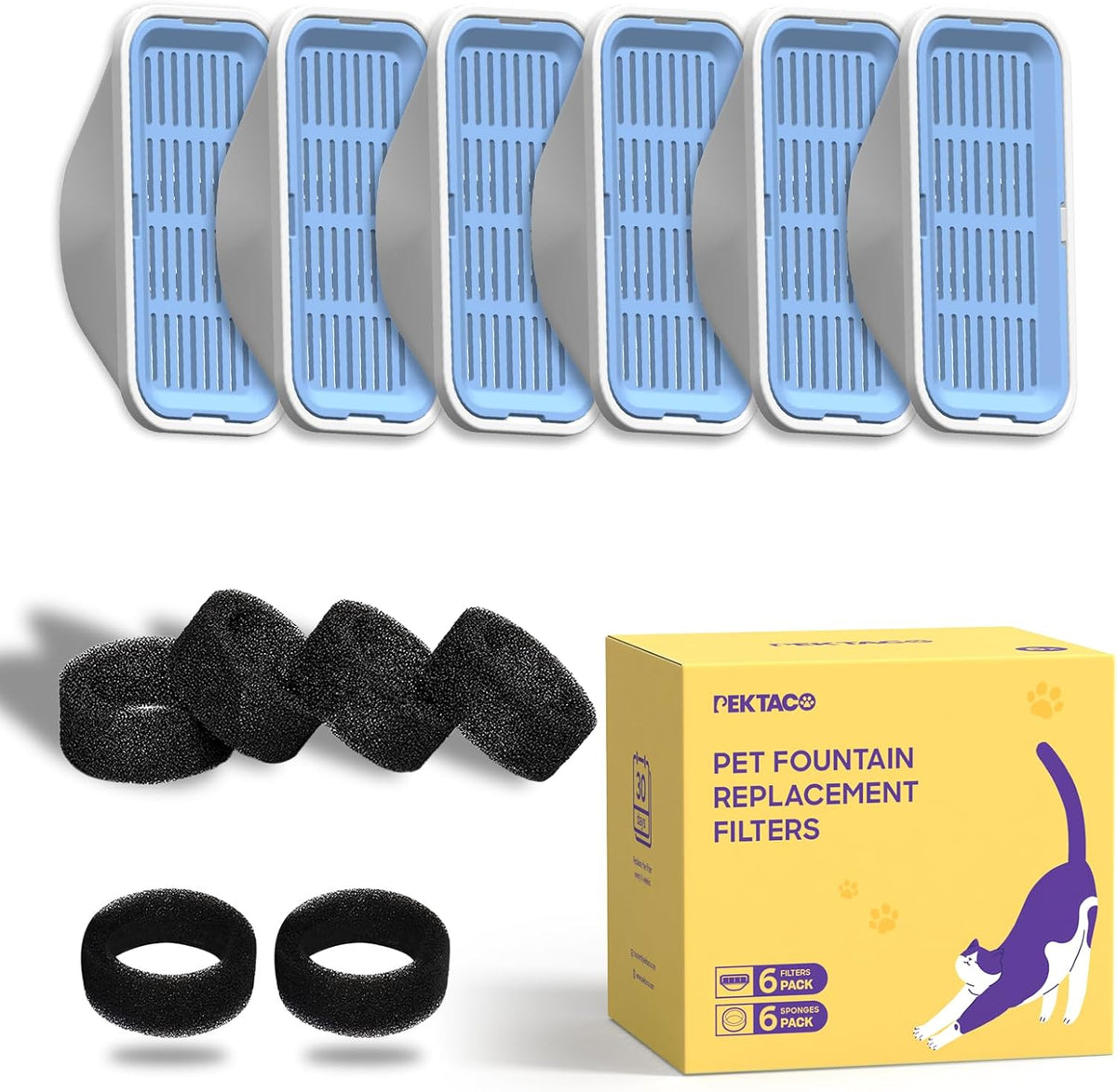 PEKTACO Cat Water Fountain Replacement Filters for 3.2L/108oz - 6 Filters+6 Sponges - image 2