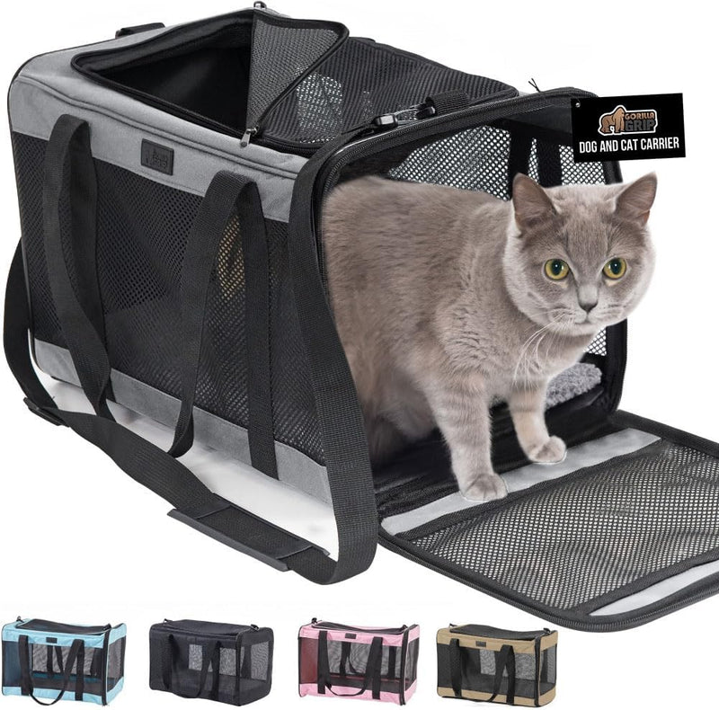 GORILLA GRIP Cat Carrier Travel Bag Up to 15 Lbs - 17.0"L x 11.0"W x 11.0"H / Gray