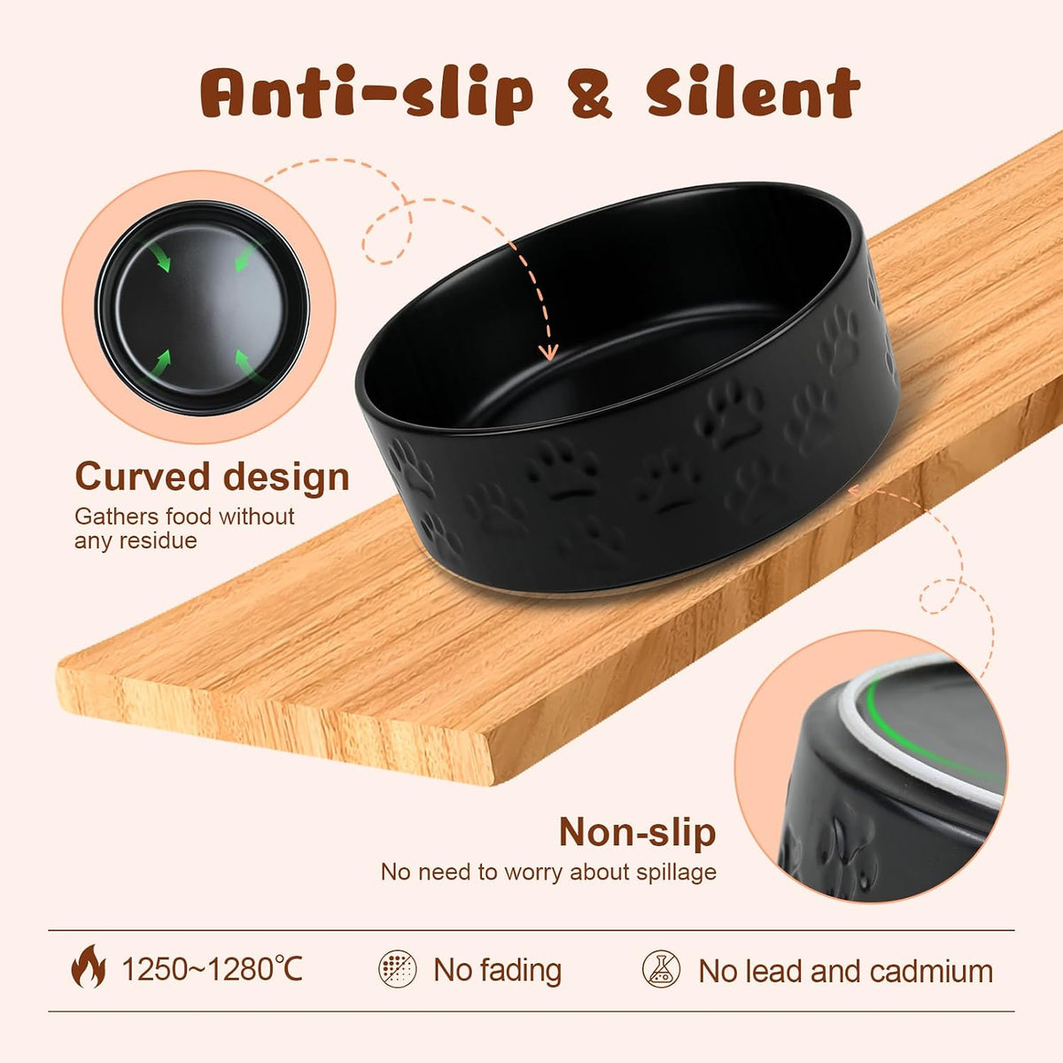 SPUNKYJUNKY Ceramic Dog Bowls with Acacia Wood Stand - 42.27 oz / Dog Paw Black - image 3