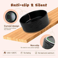 SPUNKYJUNKY Ceramic Elevated Dog Bowl Set with Acacia Wood Stand for Food and Water for Medium Dogs (42.27 OZ, Black, Dog Paw Pattern)