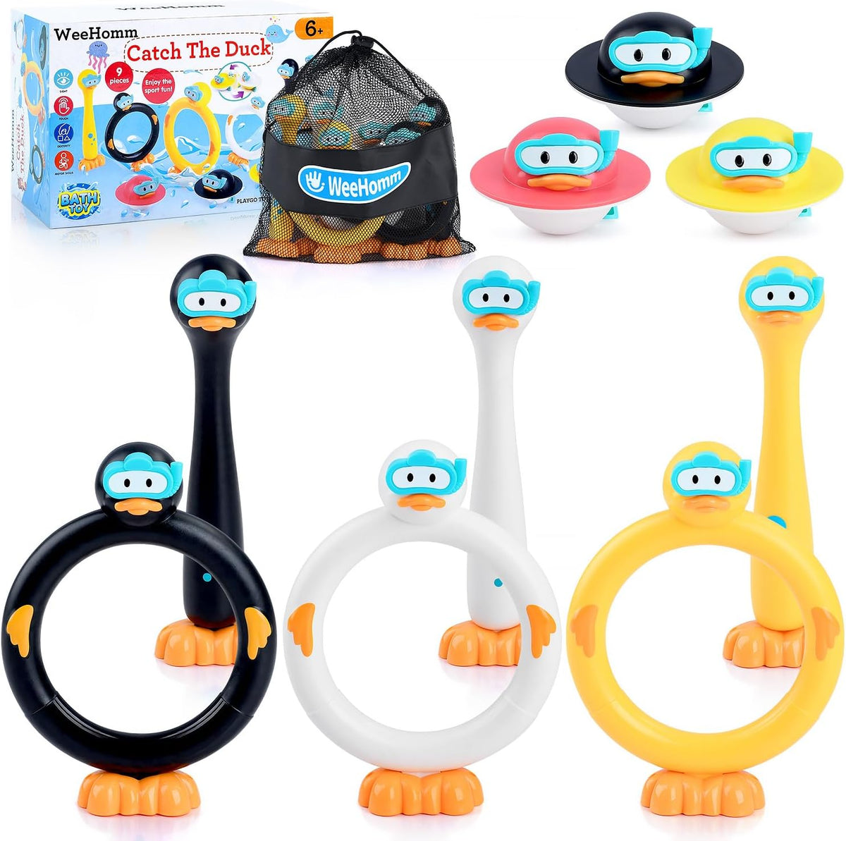 WeeHomm 9 piece duck pool diving toys with dive rings, dive sticks and floating ducks