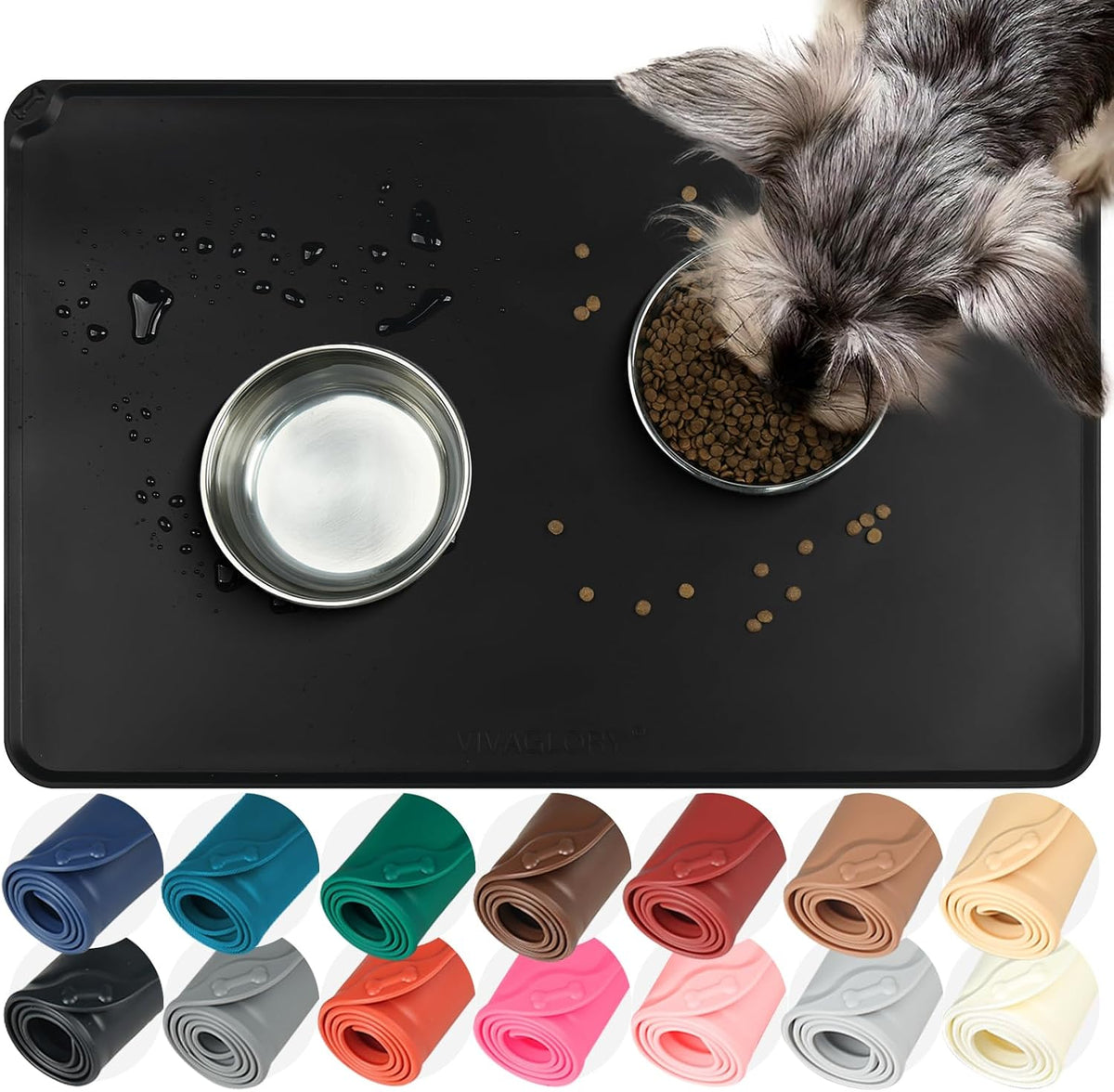 VIVAGLORY Pet Food Mat Flexmat Dog Bowl Mat, S - Black / S (18.9 x 11.8in)