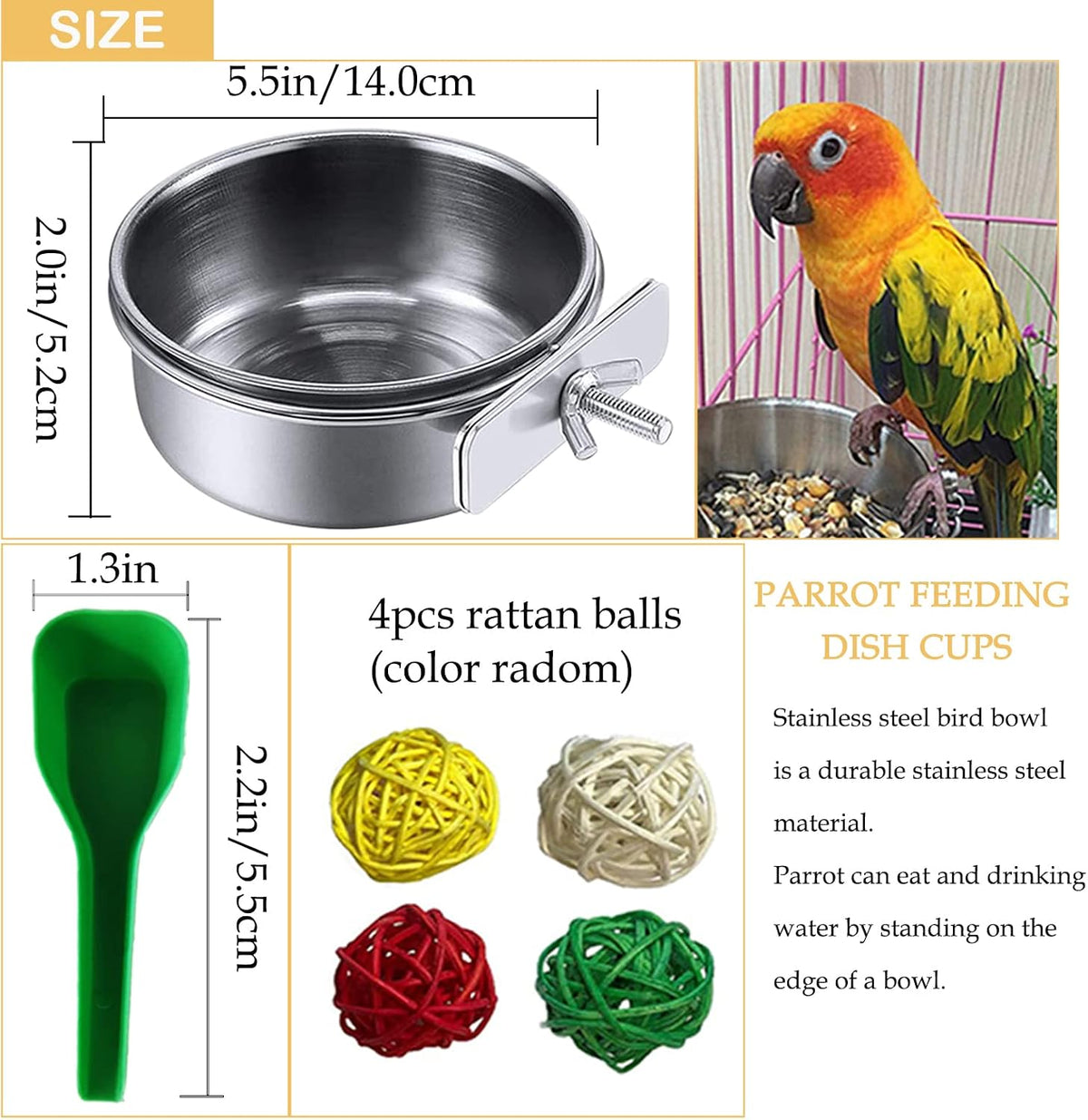 Parrot Feeding Dish Cups,Stainless Steel Bird Food Water Bowl Parakeet Feeder Birds Cage Ball Toys - 【4 PCS】 / 【L:5.5x2.0 Inches】 - image 2