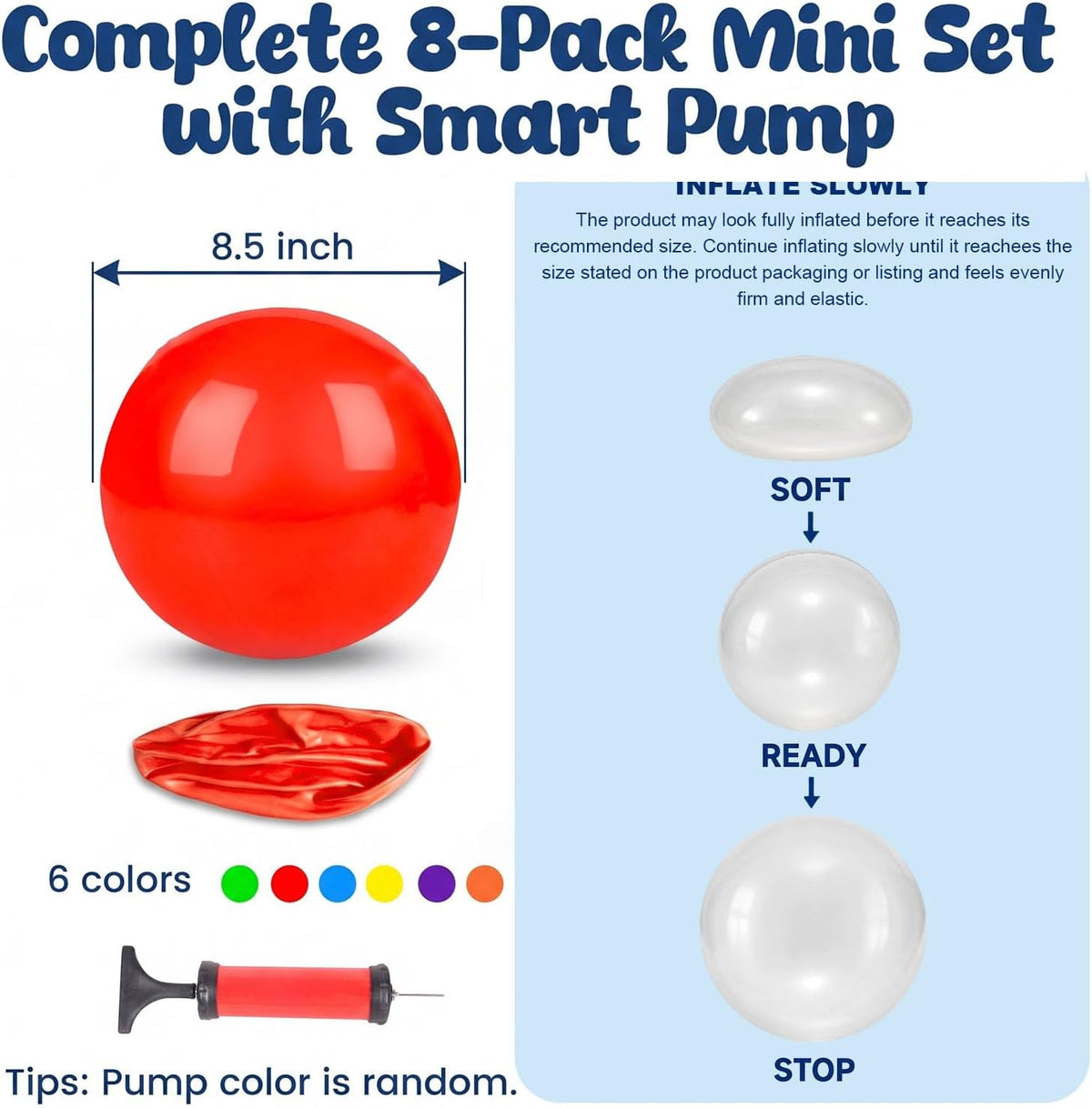 AMOR PRESENT 8 pack inflatable 8.5 inch playground balls in solid colors with hand pump - view 2