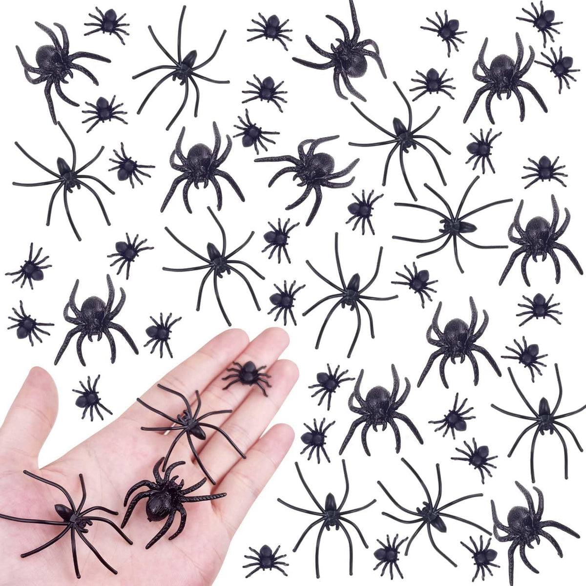 KOMIDK black fake plastic spiders, 100 pieces in large, medium and small sizes