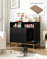 Cat Litter Box Enclosure, Large Hidden Pet Storage Cabinet Furniture with Waveform Fluted Doors & Scratching Pad, Modern Wooden Cat House Indoor for Washroom, Living Room, Bedroom, Black