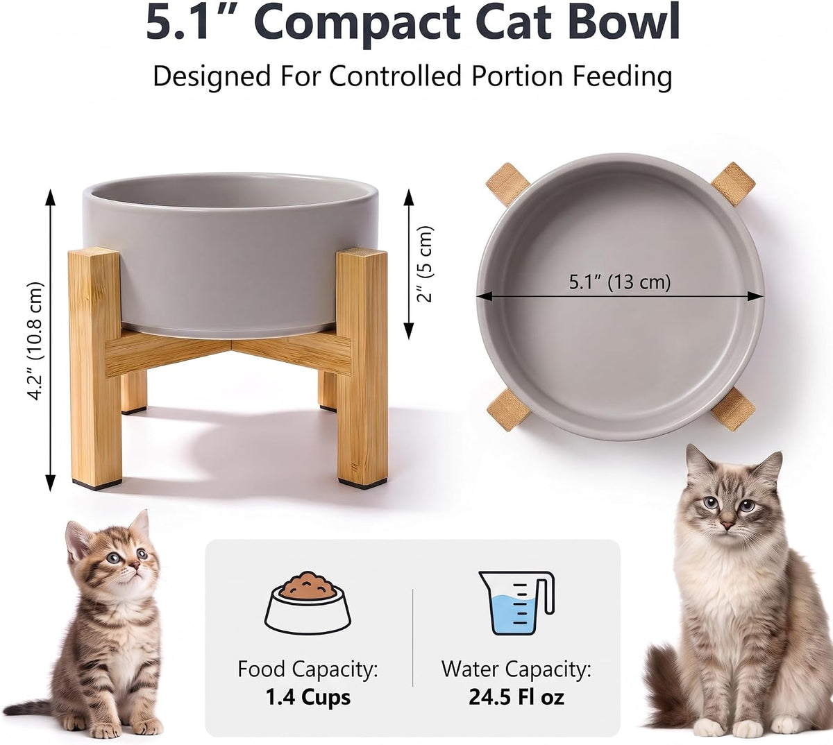 Elevated Cat Water Bowl, Ceramic Raised Cat Food Bowl with Adjustable Bamboo Stand, 5.1" Compact - Small / Grey - image 2