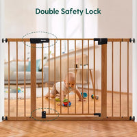BABELIO 29-48" Metal Baby Gate with Brown Wood Pattern, Auto Close Dog Gate for The House, Stairs and Doorways, Pressure Mounted Pet Gate with Door, Safety Gate for Child and Pets