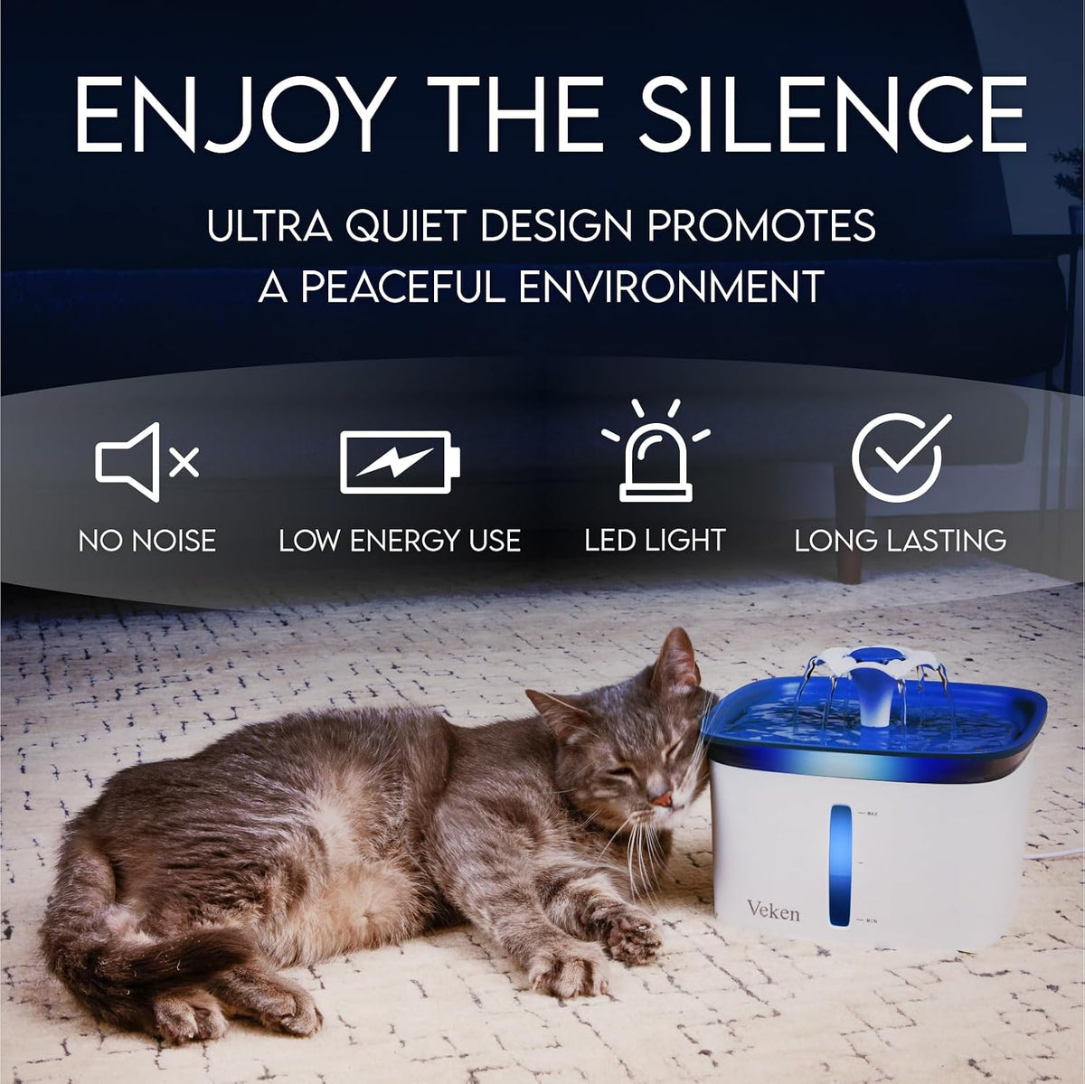 Veken Innovation Award Winner 95oz/2.8L Cat Water Fountain - Blue / 2 Filters+2 Sponges - image 4