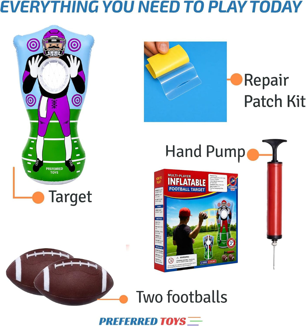 Preferred Toys 65” Inflatable Football Target Net Toss Game - Yellow/Purple - image 4