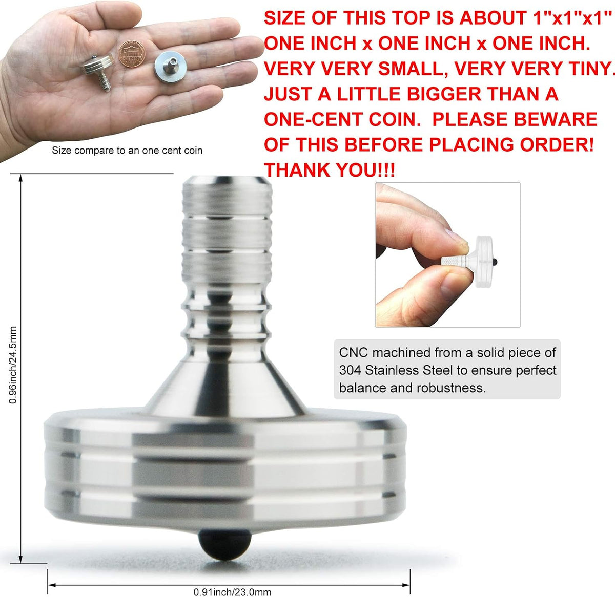 DjuiinoStar CNC machined stainless steel spinning top with ceramic tip and knurled grip - view 12