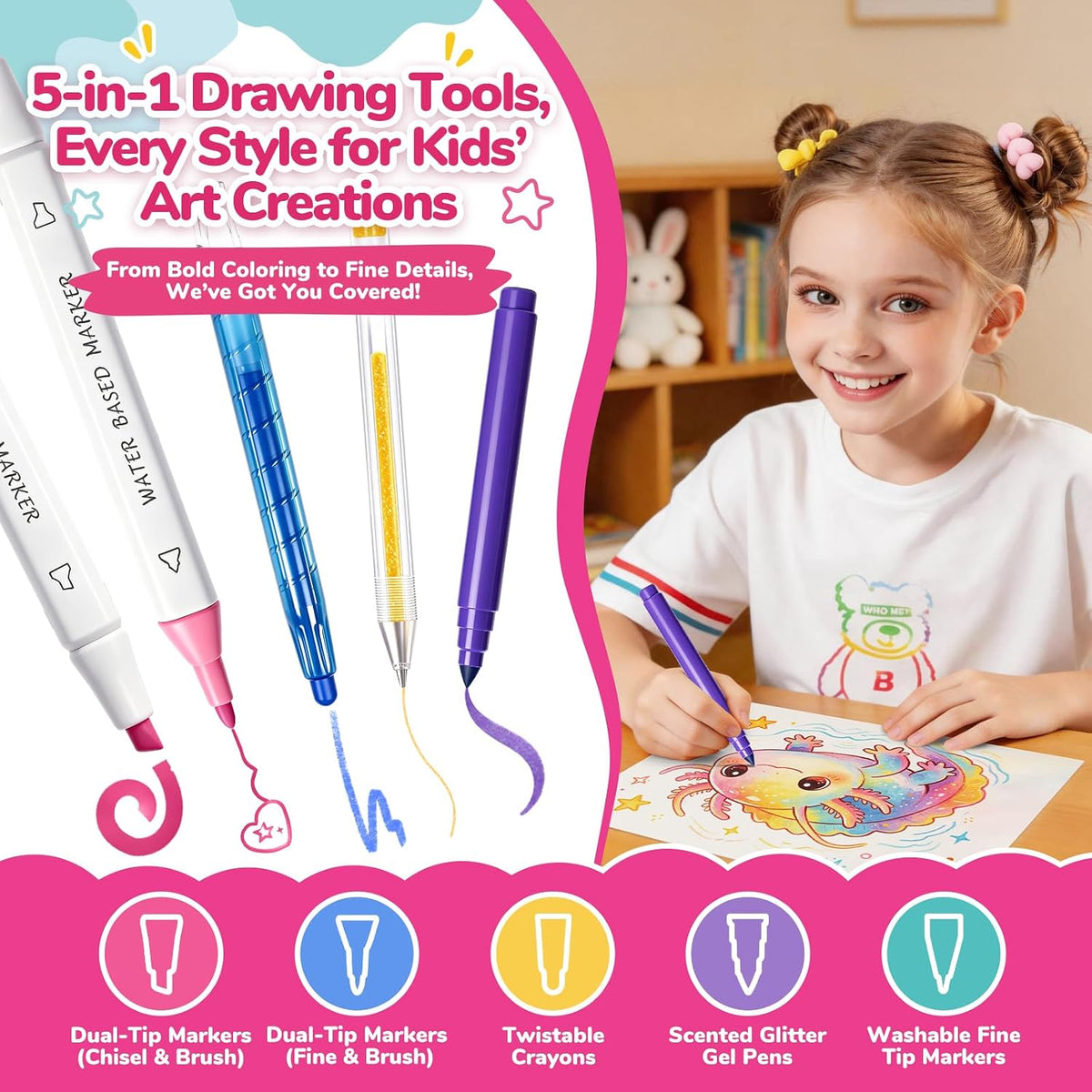 DreamyCandy 70 Pcs Washable Markers Set for Kids 4-8 - Pink Axolotl - image 4