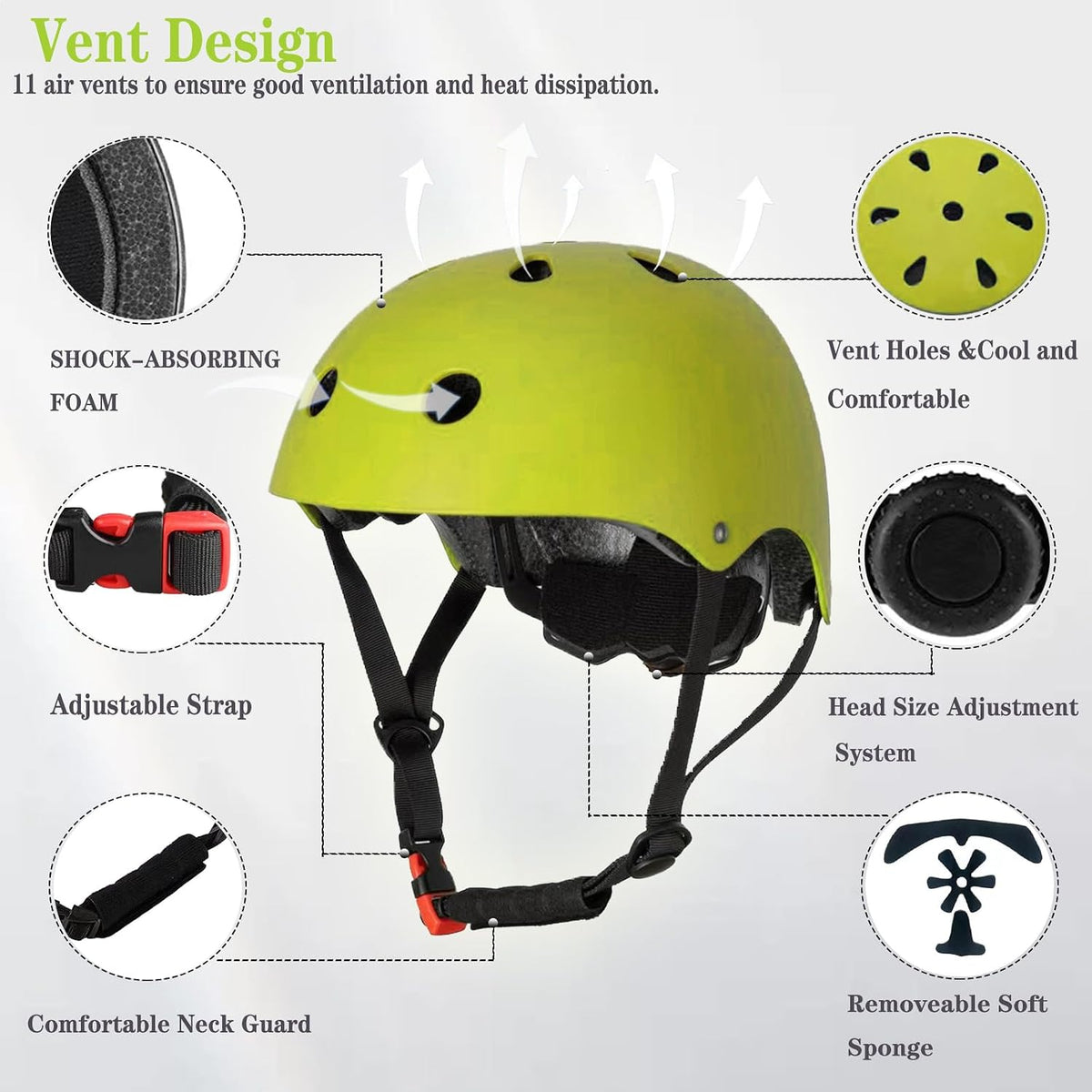 FOOKCIAN Kids Helmet,Toddler Skateboard Helmets for Ages 2-3-5-8-14 Years Boys Girls with Knee - Green / Medium: 20.47"-22.83" / 8-14 year - image 2