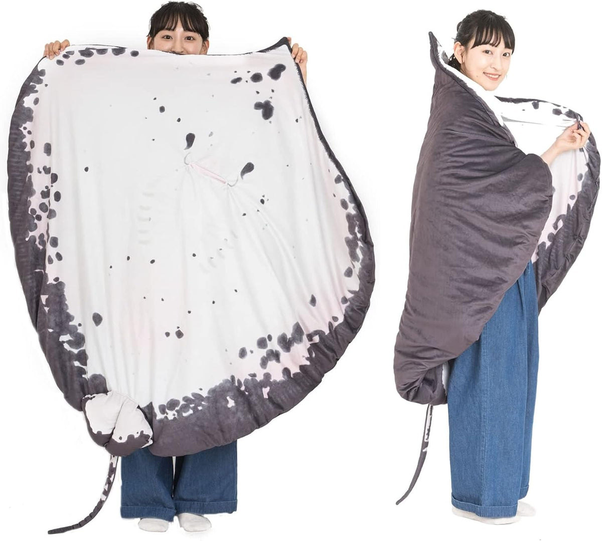 Furvana manta ray stuffed animal plush blanket with embroidered eyes and mouth pocket