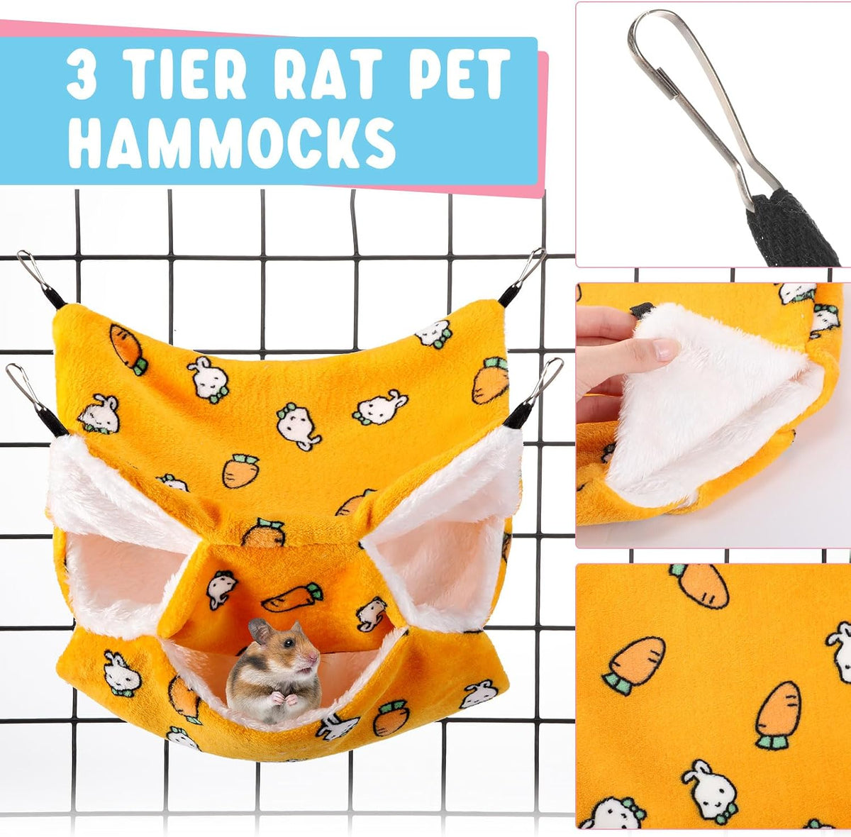Abbylike 9 Pieces Rat Hammock 3 Tier Guinea Pig Ferret Hammocks Small - Yellow, Grey, Blue / Bear - image 4