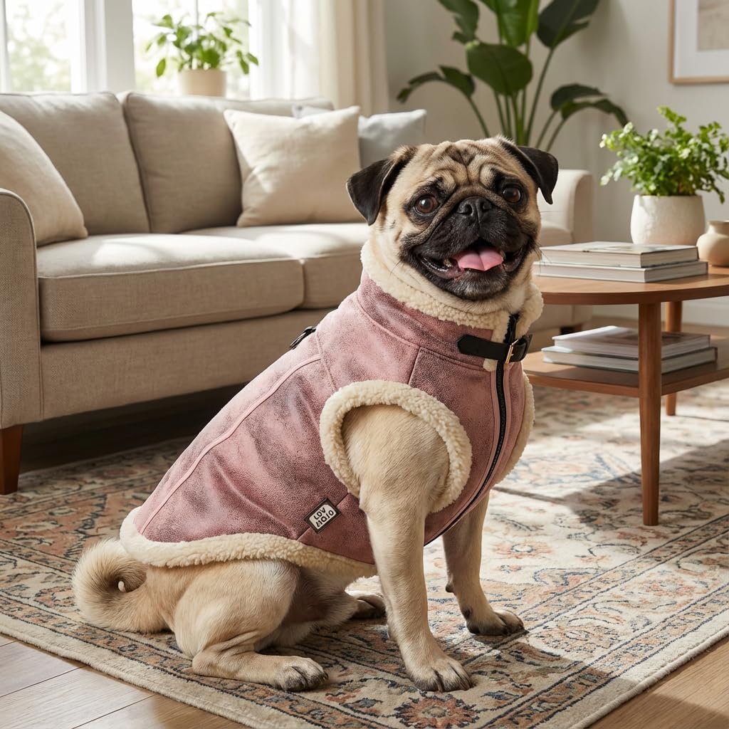 Retro Aviator Dog Jacket – Faux Leather Winter Coat with Plush Sherpa Fleece Lining for Bulldog - Pink / Large - image 2