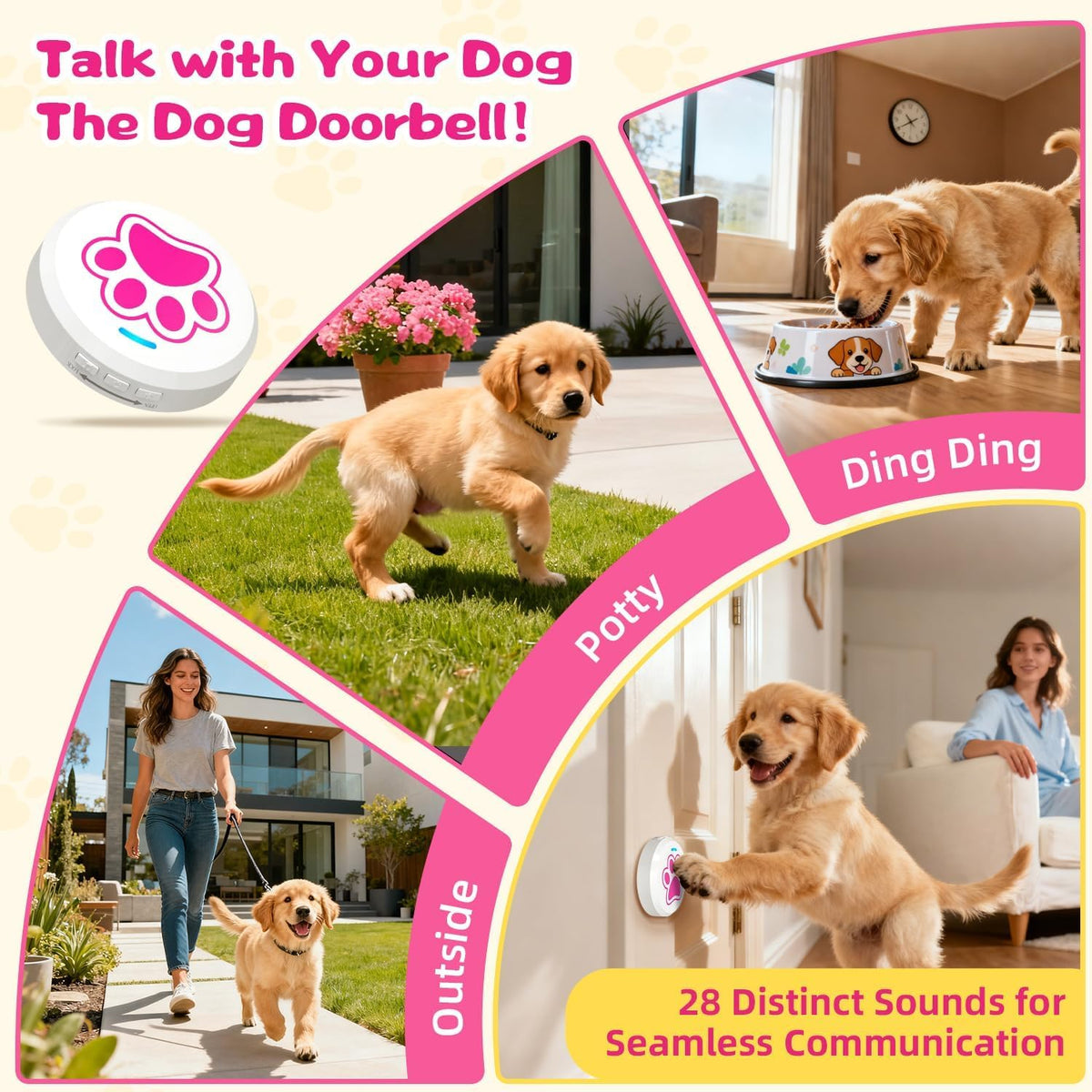 Dog Training Bells for Door - 2 White-pink Button - image 3