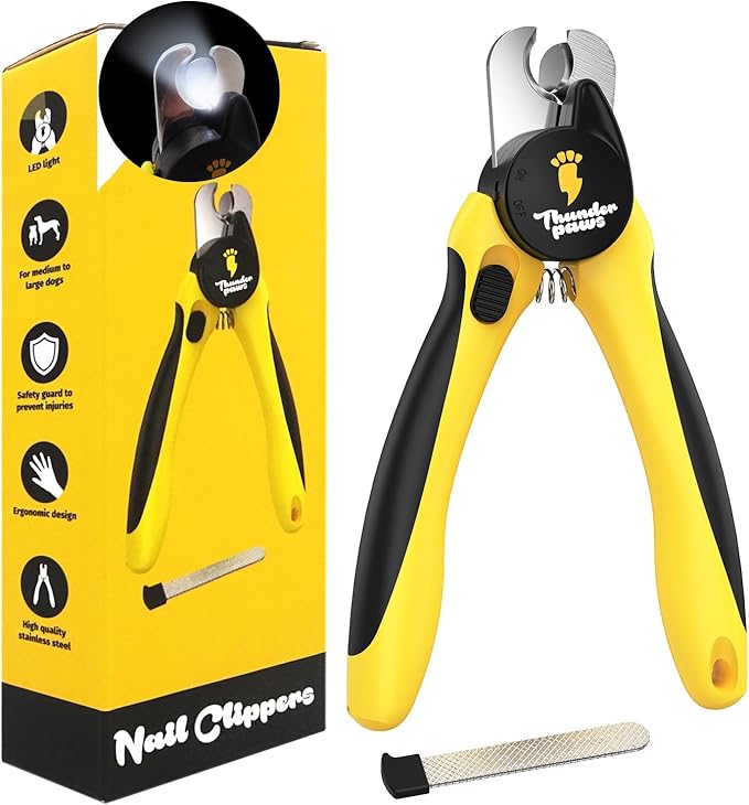 LED Dog Nail Clippers with Light, Trimmers with Protective Guard, Quick Sensor, Safety Lock and Nail File - Suitable for Large and Small Dogs & Cats (Yellow, LED)