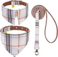 Dog Collar and Leash Set - Embroidery Floral Dog Bow Tie and Bandana Collar with Bell, Cute Flower - Cream / X-Small