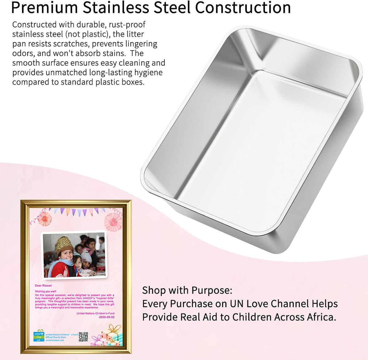 RIZZARI Stainless Steel Litter Box: High Sides for Kittens & Small - Pink - image 3