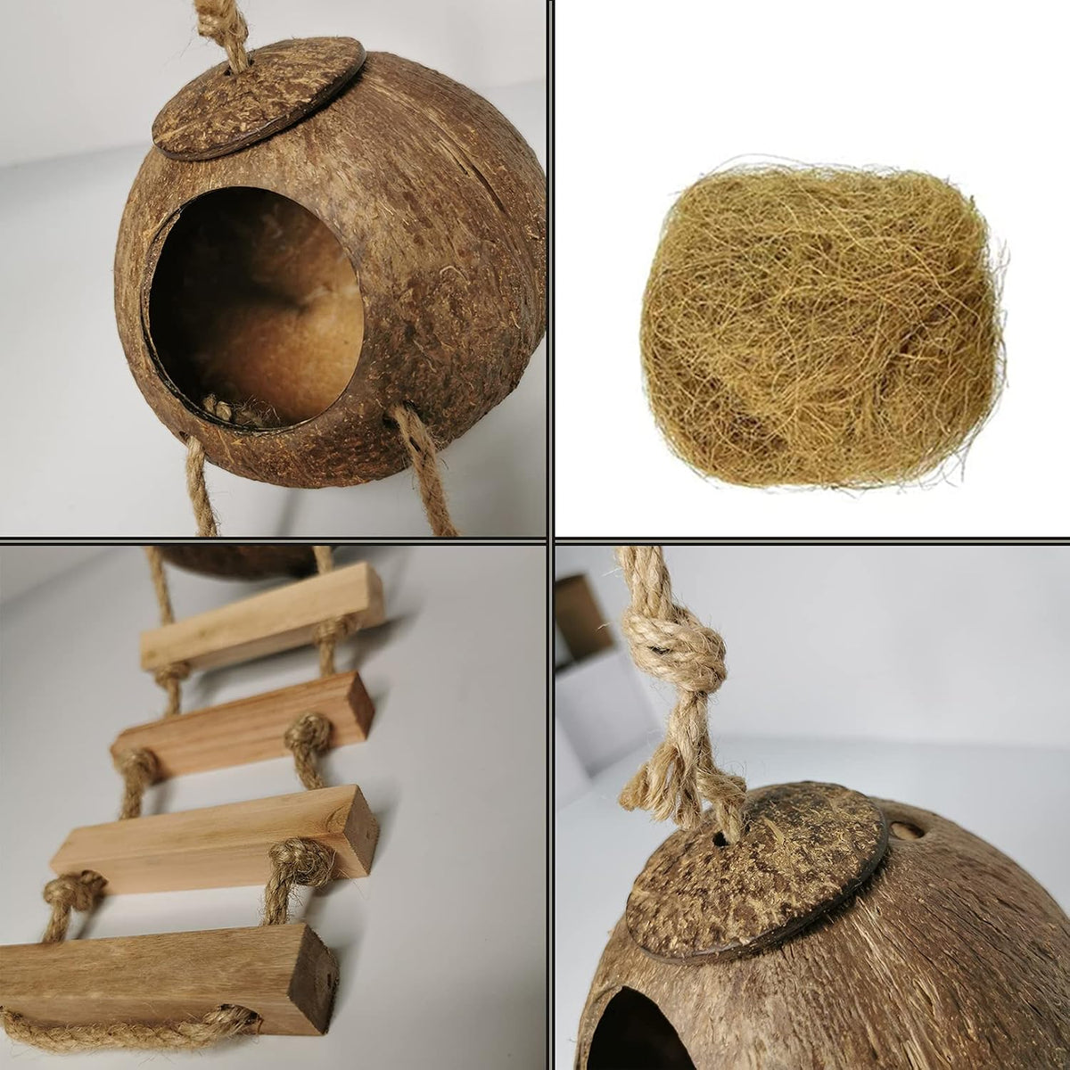 Natural Coconut Hide with Ladder Perches Hanging Bird House Toy - 1pc Coconut Hide with Ladder Bird Cage - image 2