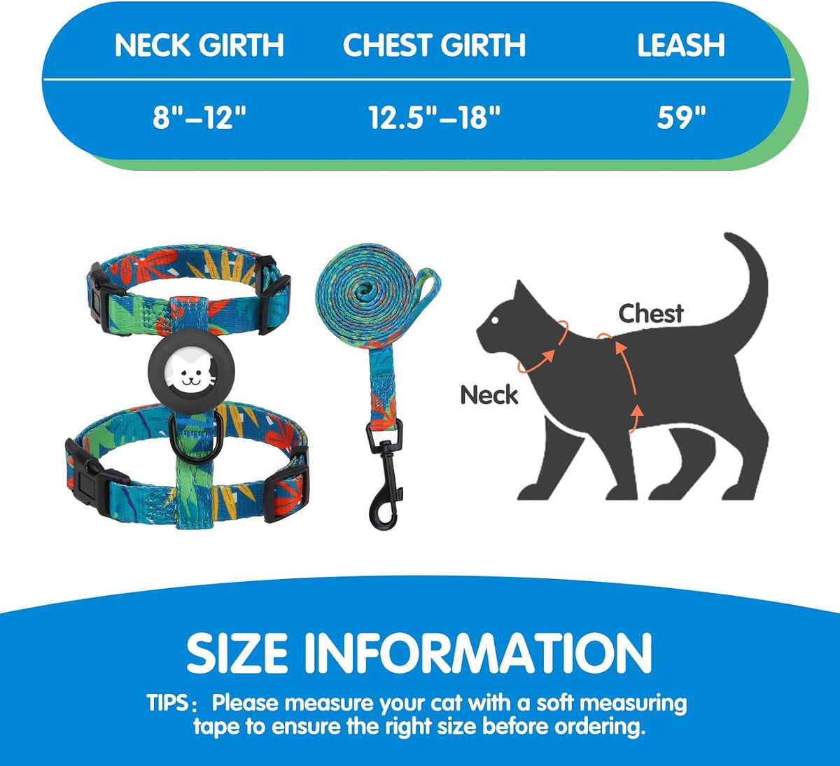 BINGPET Cat Harness with Airtag Holder - Green Leaves (Buckles on Neck & Chest) - image 4