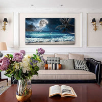 Yxbhhym Moon Ocean Decor Beach Wall Art Seascape Painting Sea Canvas Poster Prints Landscape Plam Pictures Artwork for Living Room Decor Wall Decorations large Framed Wall Art -20x40inches
