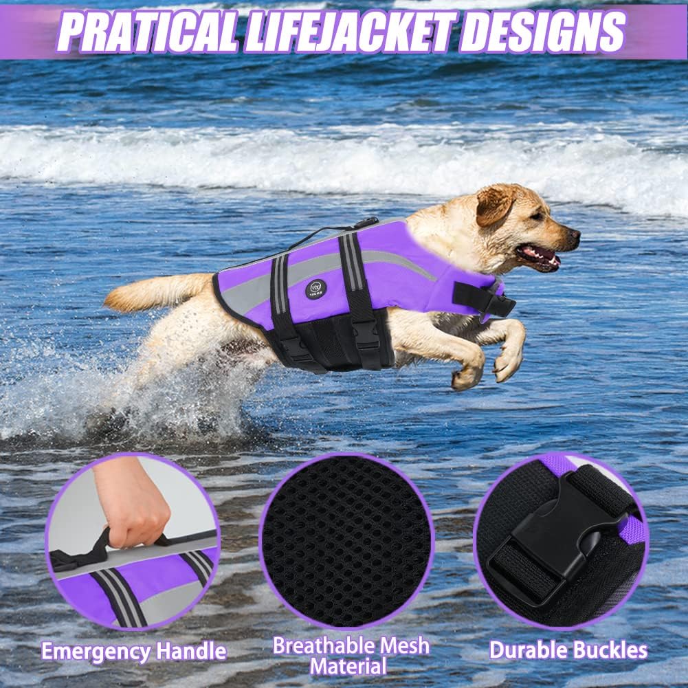 EMUST Dog Life Jacket, High Visibility Dog Life Vests with 2 Rescue Handles – Essentials for Dogs - Medium / Purple - image 4