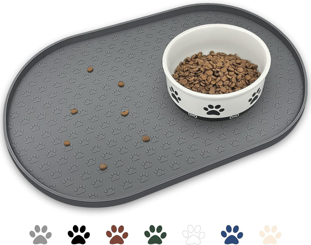 Dog Food Mat Spill-Proof Silicone Dog Bowl Mat Raised Edge Pet - Grey / 19"L x 12"W