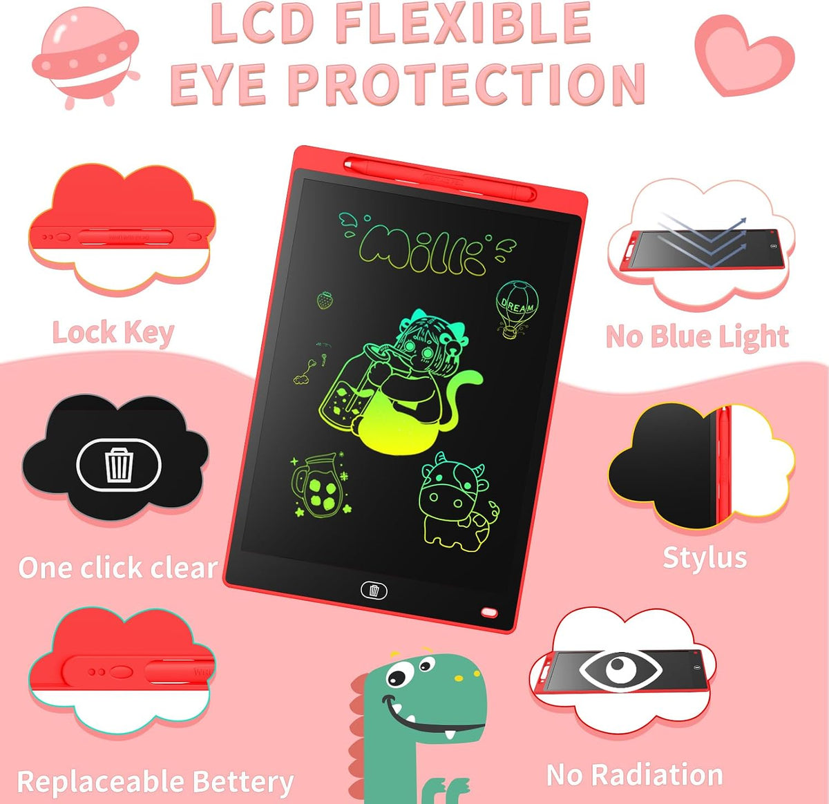 [2 Pack] Genialba LCD Writing Tablet 10-Inch Colorful Doodle Board - Red / 12 Inch / 1 - image 2