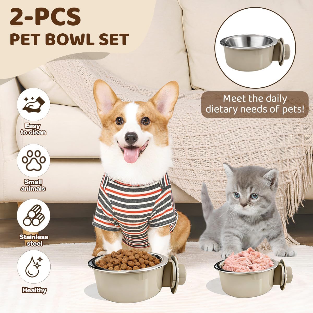 2Pcs Pets Lightweight Stainless Steel Bowl - Gray-Medium - image 3