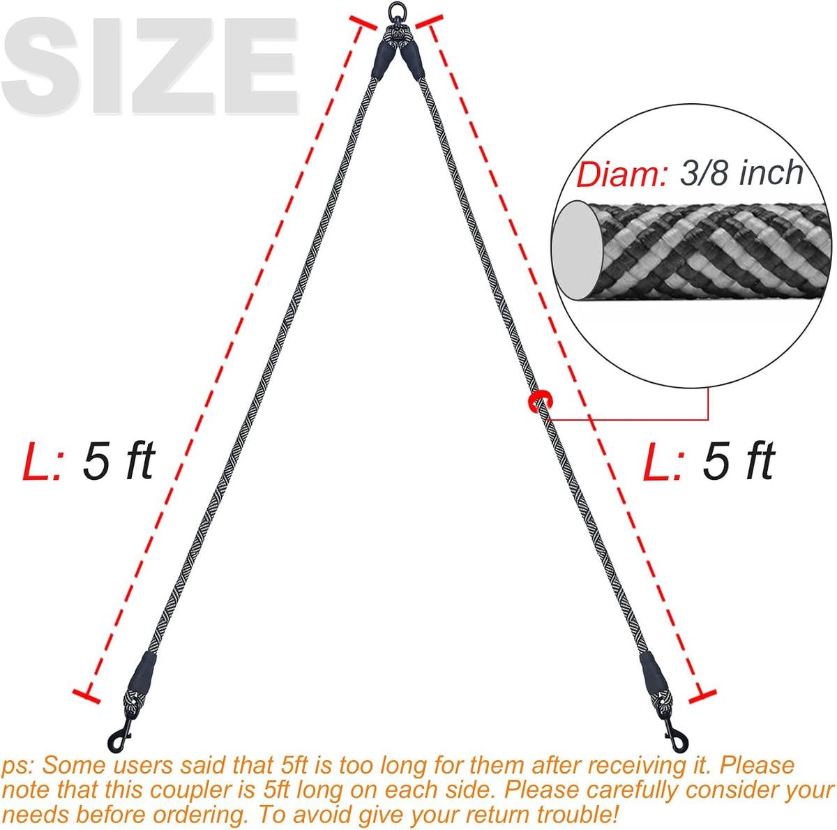 5 FT Double Dog Leash Coupler Extension Rope for Two Dogs Walking – Essentials for Dogs - 3/8"D x 5ft / Black - image 3