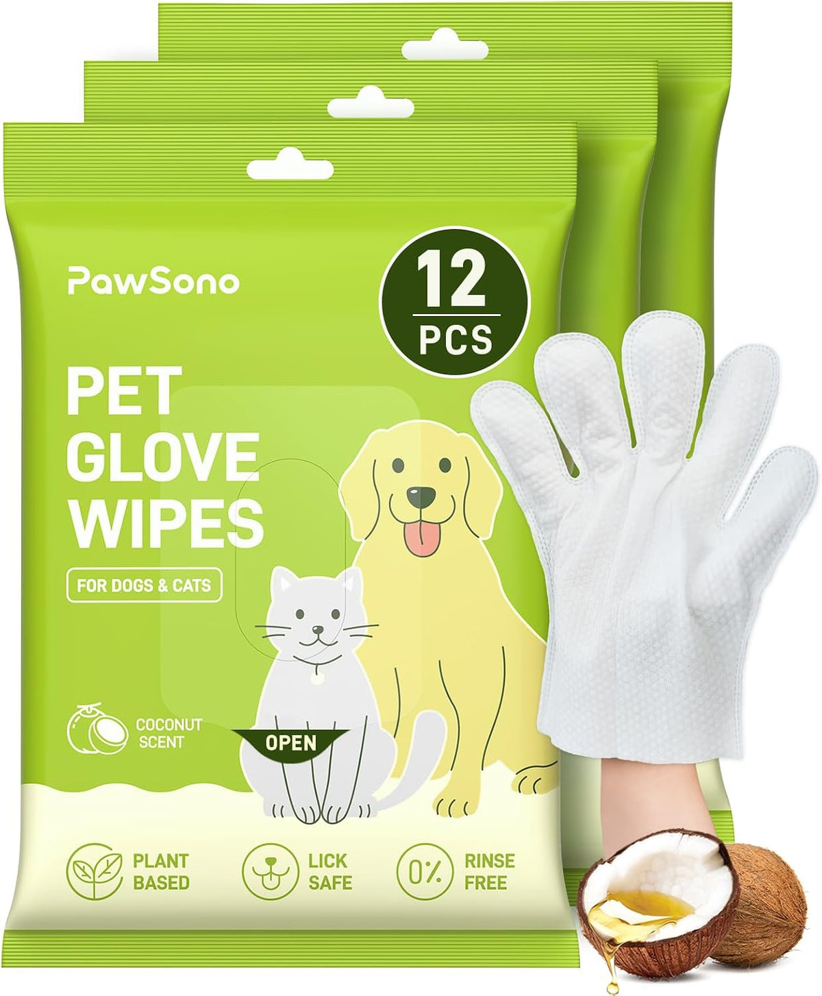 36 Count Pet Wipes for Dogs & Cats, Glove Design, Coconut Scent – Essentials for Dogs - 3 Pack