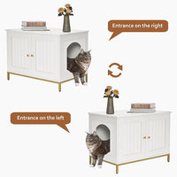Homhedy Cat Litter Box Enclosure, Cat Washroom Furniture with Metal Frame, Pet House, Fit Most of Litter Box, Modern Style, White and Gold