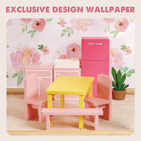 Tiny Land Wooden Dollhouse for Girls, 6 Rooms Wooden Doll House - Pink - image 3