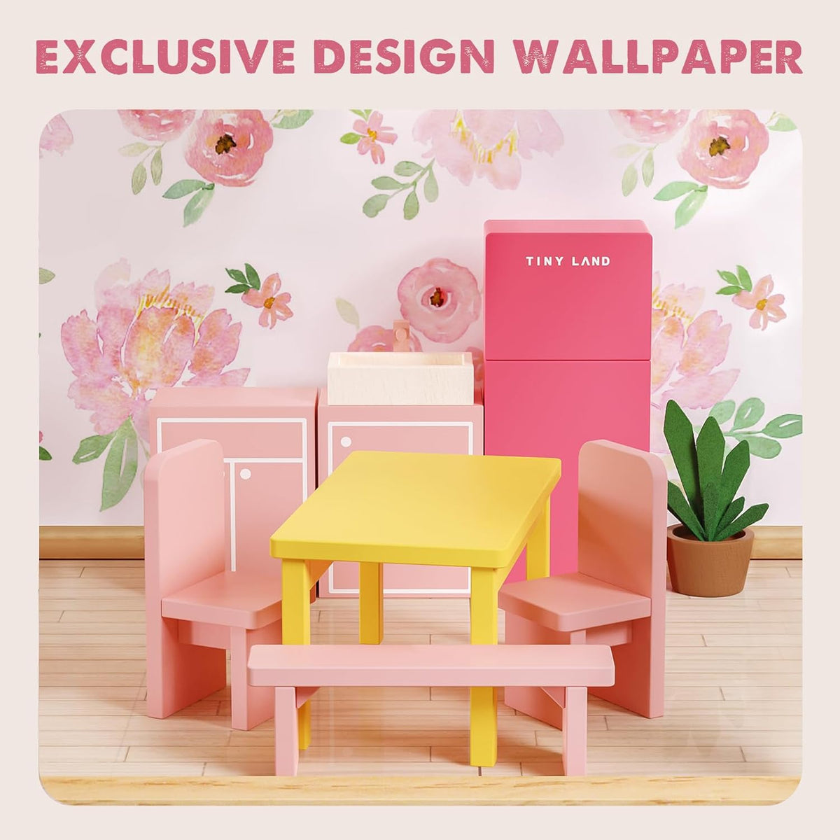 Tiny Land Wooden Dollhouse for Girls, 6 Rooms Wooden Doll House - Pink - image 3