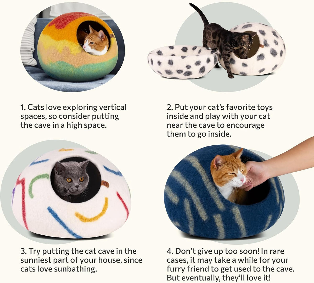 Cat Cave, New Zealand Wool Bed for Indoor Cats - Ivory Rainbow / Medium - image 4