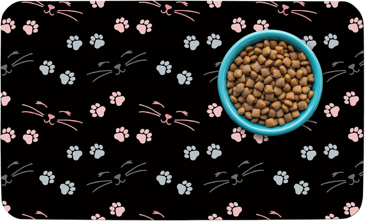 Patterned Cat & Dog Bowl Mat for Food and Water - Small (12" x 20") / A-Black-catpaw