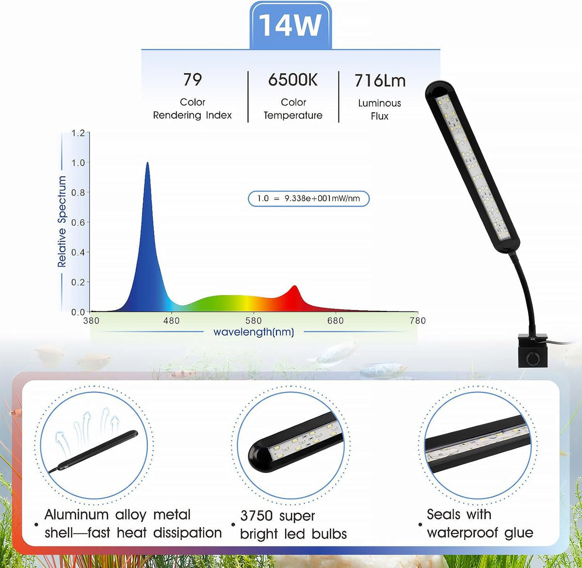 hygger 0.5-5 Gallon Nano Tank Mini Clip-on Aquarium Light with White - 14W - image 2