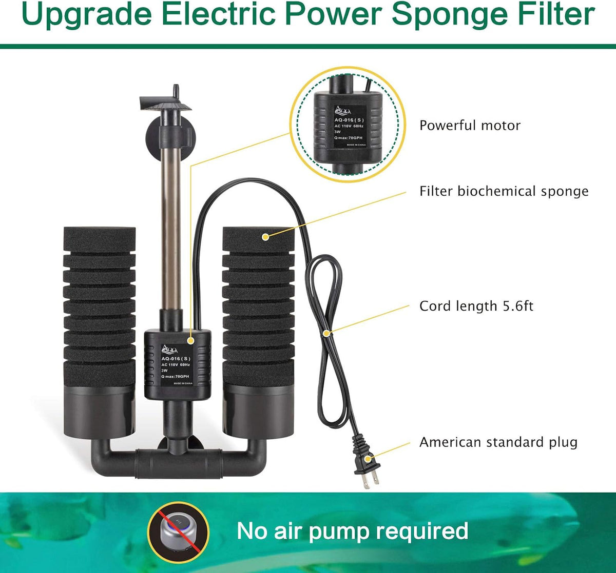 AQQA Electric Sponge Filter for Aquarium, 3W - S (3W for 10-40 gallon） - image 2