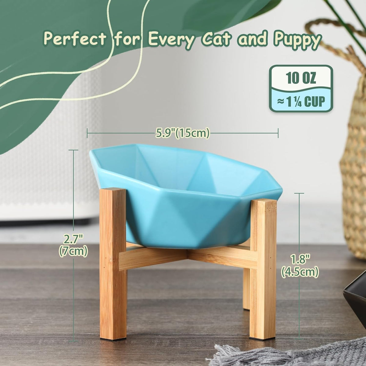 Ceramic Tilted Raised Cat Bowl - Blue with stand