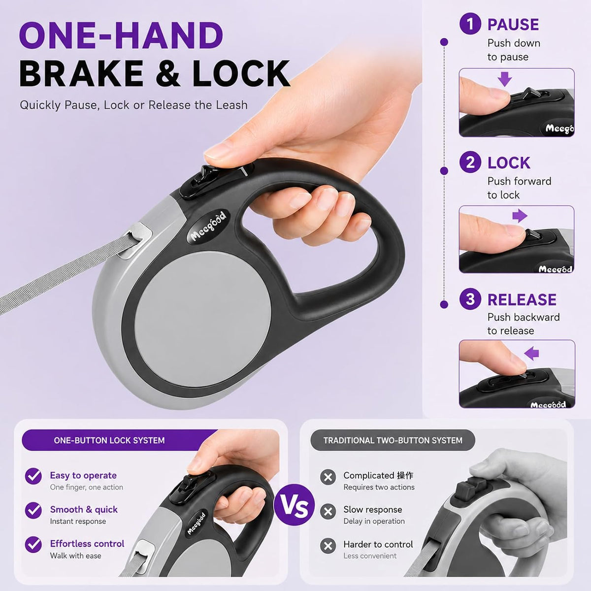 Heavy Duty Retractable Dog Leash-16ft Strong & Durable Walking Leash - Grey / Medium/Large - image 4