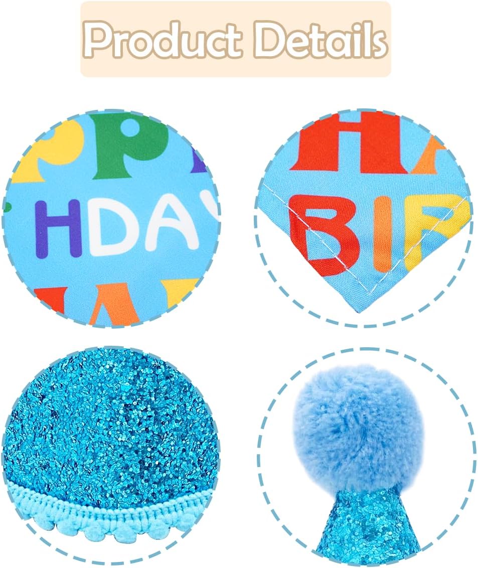 PET SHOW Pink Crown Dog Birthday Party Hat for Girls Reusable - Blue Cone Hat+Bandana+Bowtie - image 3