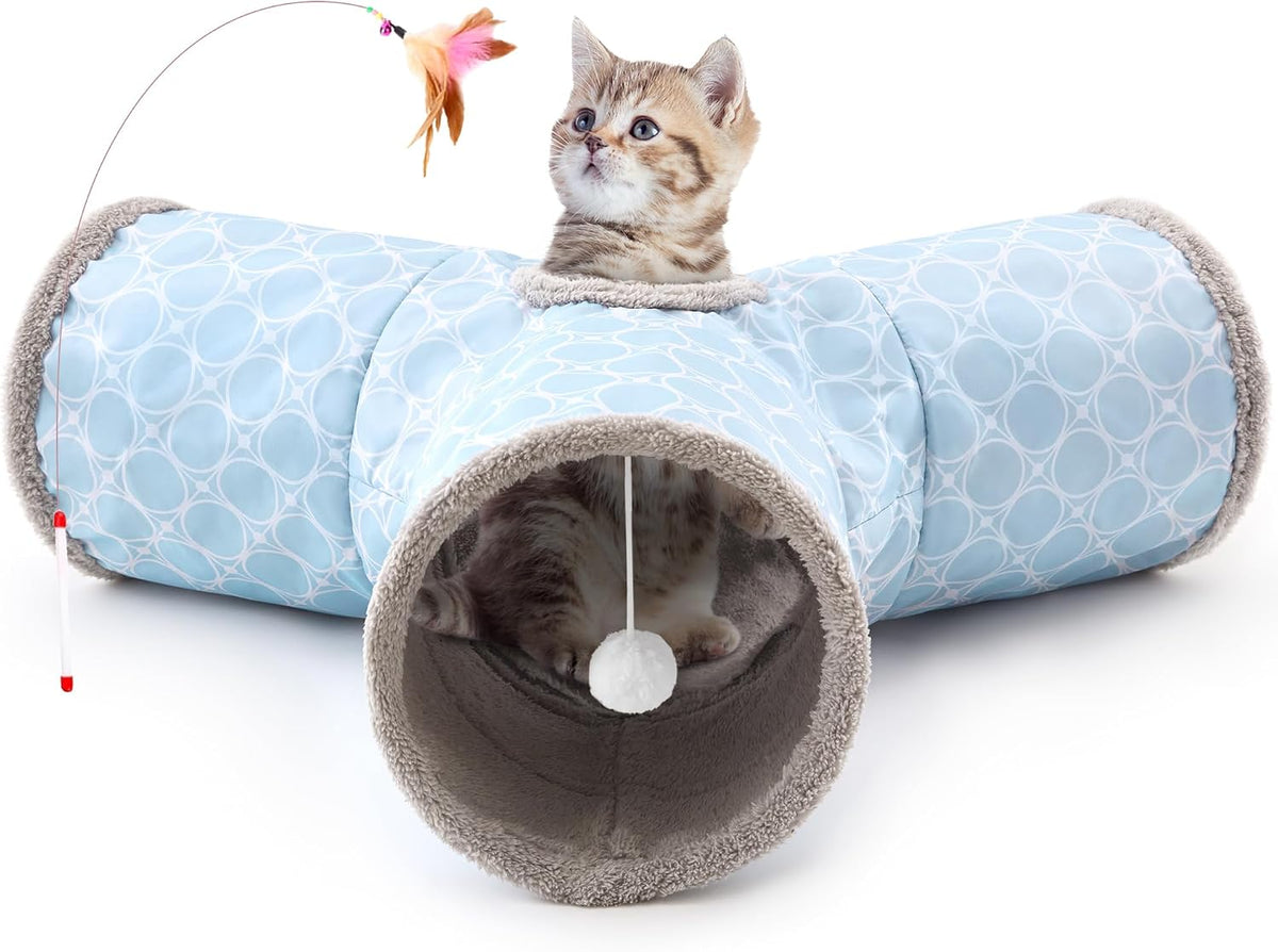 Tempcore Cat Tunnel, 3-Way Collapsible Toy for Indoor Cats - Geometry Blue / Small