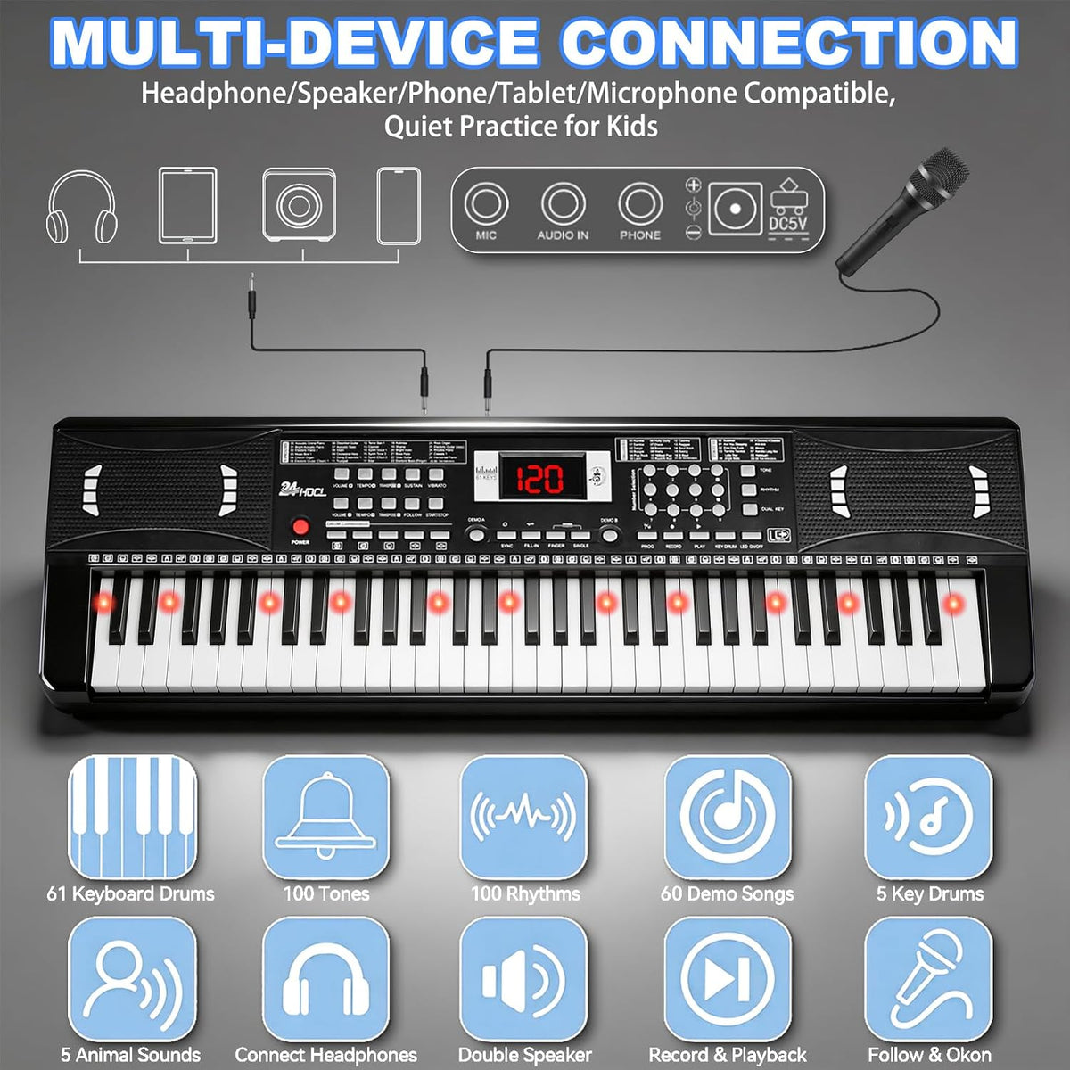 24HOCL pink electronic keyboard piano for kids with 61 lighted keys, LCD screen and microphone - view 16